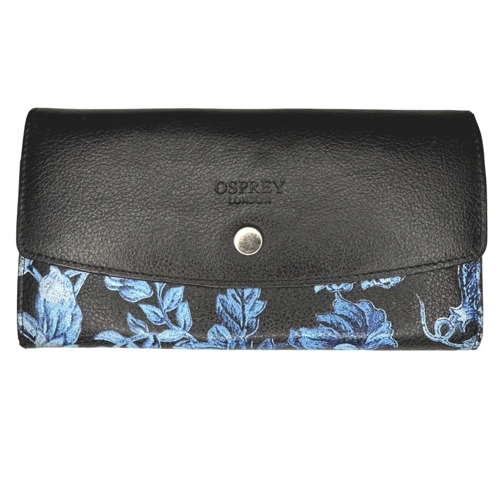 Osprey London Genuine Leather Wallet Clutch Blue Floral Print Snap‎ Closure